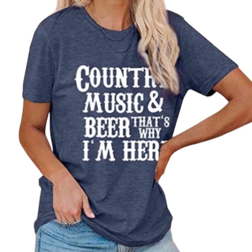 Country Music and Beer That’s Why I’m Here Blue and White Graphic Tee Womens 2XL